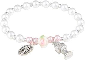 img 4 attached to 👧 Girls My First Holy Communion Bracelet: Pearlized with Rose Bead, Miraculous Medal, and Chalice Charms - 6 1/2 Inch