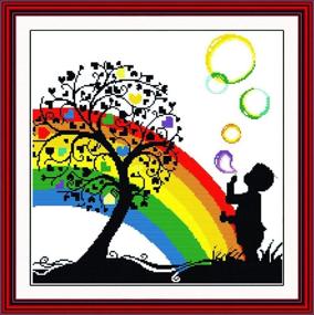 img 2 attached to 🧵 Benway Counted Cross Stitch Kit: Whimsical Boy Playing With Colorful Bubbles Under The Heart Tree - 14 Count, 40cm x 40cm