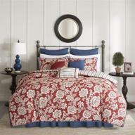 🌺 madison park cotton duvet set - gorgeous floral pattern, ruffle border design - all season comforter cover bedding with breathable material - matching shams - queen size (90"x90") - lucy reversible - 9 piece set in red logo
