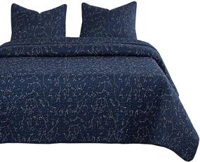 img 4 attached to 🌌 Navy Blue Constellation Quilt Set with White Space Stars Pattern - Soft Microfiber Bedding, Queen Size (3pcs)