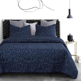 img 3 attached to 🌌 Navy Blue Constellation Quilt Set with White Space Stars Pattern - Soft Microfiber Bedding, Queen Size (3pcs)