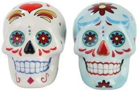 img 1 attached to 🌼 Pacific Giftware Day of the Dead Sugar Skulls Salt and Pepper Shakers Set - White and Blue Skulls Collection