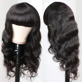 img 2 attached to 18 Inch Body Wave Human Hair Wigs with Bangs - Glueless Machine Made Brazilian Virgin Hair Wigs for Black Women - 130% Density