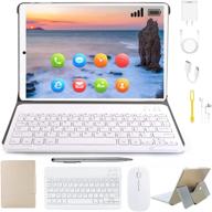 10 inch 4g lte tablet, 2-in-1 with keyboard, 4gb ram + 64gb rom, android 10 quad core processor, dual camera, dual sim card slots unlocked, 1080p full hd touchscreen, bluetooth, wi-fi, gps logo