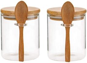 img 4 attached to 🍯 Piscepio Glass Jar Containers- Clear Kitchen Canisters with Bamboo Lid & Spoon | Airtight Wooden Scoop | Food Storage Organization Set (2pcs, 450ML)