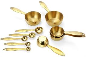 img 1 attached to Golden Stainless Steel Measuring Cups and Spoons Set - 10 Piece Set, Stackable 🥇 5 Measuring Cups and 5 Measuring Spoons, Including 2 Rings for Dry and Liquid Ingredients