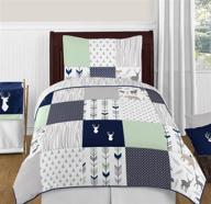 kids twin bedding set - sweet jojo designs navy blue, mint, and grey woodsy deer theme logo