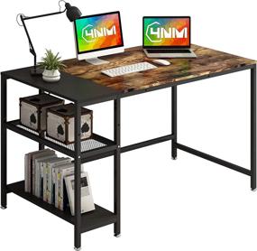 img 4 attached to Multipurpose Rustic Brown and Black Home Office Desk with 2-Tier Bookshelf - 4NM Computer Desk, Writing Workstation, Study Table for Space-Saving