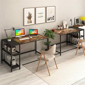 img 2 attached to Multipurpose Rustic Brown and Black Home Office Desk with 2-Tier Bookshelf - 4NM Computer Desk, Writing Workstation, Study Table for Space-Saving