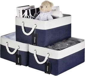 img 4 attached to 📦 3 Pack of XL Foldable Fabric Storage Baskets with Cotton Handles for Cupboards, Shelves, Clothes, Toys, Towels - Blue/White, 15.74 x 11.81 x 7.87 inches