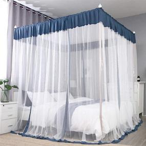 img 3 attached to 🌟 Elevate Your Bedroom Décor with JQWUPUP Elegant Bed Canopy Curtains - Color Stitching Ruffle Princess 4 Corner Post Canopy Netting for Girls, Adults, Kids, and Toddlers - Queen Size - Blue-Grey