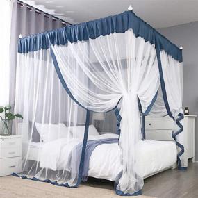 img 4 attached to 🌟 Elevate Your Bedroom Décor with JQWUPUP Elegant Bed Canopy Curtains - Color Stitching Ruffle Princess 4 Corner Post Canopy Netting for Girls, Adults, Kids, and Toddlers - Queen Size - Blue-Grey