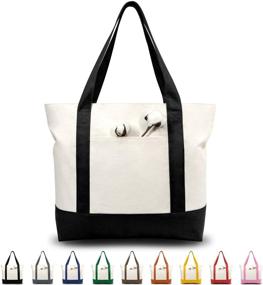 img 4 attached to 👜 2-Pack Stylish Canvas Tote Bags with External Pocket, Top Zipper Closure, Ideal for Daily Essentials (Black/Natural)