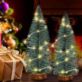 img 1 attached to 🎄 Set of 12 Mini Artificial Christmas Trees with LED Light, Plastic Sisal Trees Bottle Brush Trees Snow Frost Ornaments, Wood Base - Perfect Christmas Room Decor, Table Top Decoration, and Crafts