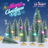🎄 set of 12 mini artificial christmas trees with led light, plastic sisal trees bottle brush trees snow frost ornaments, wood base - perfect christmas room decor, table top decoration, and crafts logo
