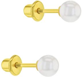 img 3 attached to Classic White Simulated Pearl Screw Back Earrings for Girls - Gold-plated Traditional Pearl Earrings for Infants, Toddlers, and Little Girls