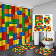 🛀 faitove 4pcs kids funny blocks shower curtain sets: colorful, waterproof polyester fabric, non-slip rugs, toilet lid cover, bath mat, hooks - brighten up your bathroom! logo