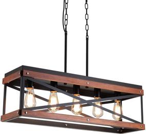 img 4 attached to 🏡 Stylish Rustic Farmhouse Kitchen Island Lighting: 5-Light Wood and Metal Chandelier with Industrial Pendant Fixture for Kitchen Island, Dining Room, and Living Room, in Black