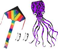 hoonew 2 pack large octopus kite and rainbow delta kites for kids and adults | easy-to-fly with long colorful tail | perfect for beach trips, parks, and outdoor family games логотип