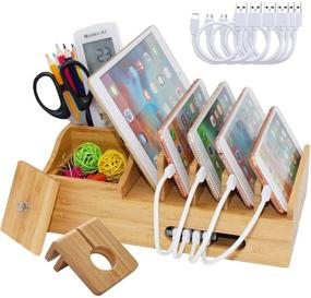img 4 attached to 🔌 Bamboo Charging Station with Docking Stand, Storage Box and Desktop Holder Organizer – Compatible with Phone, Tablet, Watch, E-Reader - Includes Watch Stand, 6 Cables (USB Charger Not Included)
