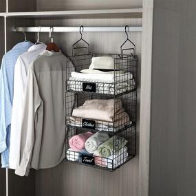 img 3 attached to 👠 3-Tier Foldable Closet Hanging Organizer with Name Plate, Clothes Hanging Shelves and 5 S Hooks, Wall Mount and Cabinet Wire Storage Basket Bins, Ideal for Organizing Clothing, Sweaters, Shoes, Handbags, Clutches, and Accessories