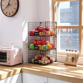 img 2 attached to 👠 3-Tier Foldable Closet Hanging Organizer with Name Plate, Clothes Hanging Shelves and 5 S Hooks, Wall Mount and Cabinet Wire Storage Basket Bins, Ideal for Organizing Clothing, Sweaters, Shoes, Handbags, Clutches, and Accessories