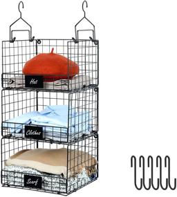 img 4 attached to 👠 3-Tier Foldable Closet Hanging Organizer with Name Plate, Clothes Hanging Shelves and 5 S Hooks, Wall Mount and Cabinet Wire Storage Basket Bins, Ideal for Organizing Clothing, Sweaters, Shoes, Handbags, Clutches, and Accessories