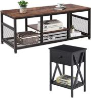 🏢 vecelo 2-piece coffee table and nightstand furniture set for living room bedroom, industrial metal frame, table + end table, black logo