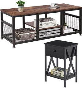 img 2 attached to 🏢 VECELO 2-Piece Coffee Table and Nightstand Furniture Set for Living Room Bedroom, Industrial Metal Frame, Table + End Table, Black