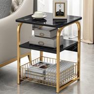 🌑 contemporary black side table with storage basket, 3 tier faux marble end table featuring matte gold metal frame for living room, bedroom nightstand logo