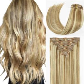 img 4 attached to Caliee Clip in Hair Extensions: 120g Human Hair, Double Weft Lace, Golden Brown #10 & Mixed Bleach Blonde #613 for Women - 7pieces, 14inch