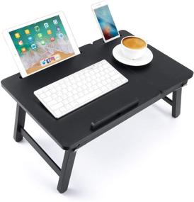img 4 attached to 💻 Столик для ноутбука Nnewvante - Бамбуковый завтрака Трай с складным столиком для ноутбука, наклоняющимся верхним ящиком, слотами для планшетов - Черный