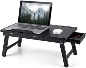 img 3 attached to 💻 Столик для ноутбука Nnewvante - Бамбуковый завтрака Трай с складным столиком для ноутбука, наклоняющимся верхним ящиком, слотами для планшетов - Черный