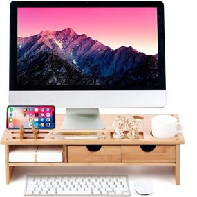 img 2 attached to 🐾 Bamboo 2 Tier Monitor Stand Riser Desk Organizer with Drawers - Adjustable Desktop Storage Organizer for Computer, Printer, Cellphone - Use in Office or Home to Reduce Neck and Eye Strain (Fawn)