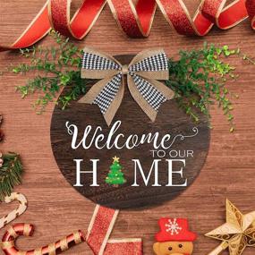 img 3 attached to 🏡 OurWarm Interchangeable Welcome Door Sign: Rustic Wood Round Wreath with Buffalo Plaid Bow for Front Door Decor and Housewarming Gifts