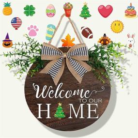 img 4 attached to 🏡 OurWarm Interchangeable Welcome Door Sign: Rustic Wood Round Wreath with Buffalo Plaid Bow for Front Door Decor and Housewarming Gifts