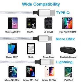 img 2 attached to 🔌 3-в-1 универсальный USB-кабель для зарядки, 1.8 м / 5.9 фт нейлоновый оплетка корд с портами Lightning, Type-C и Micro USB для Android, iPhone, Apple, Samsung, iPad Pro, Xiaomi, Huawei (серый)