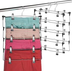img 4 attached to 👗 ZOBER Space Saving 5 Tier Metal Skirt Hanger with Clips (3 Pack) - Hang 5-on-1, Expand Closet Space by 70%, Rubber Coated Clips, 360° Swivel Hook, Adjustable for Pants, Slacks, Jeans, Towels
