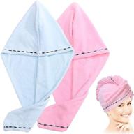 2 pack hair towel wrap - microfiber quick drying hair towels - super absorbent quick dry hair towel - bath cap included (pink+light blue) logo