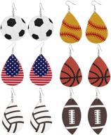 set of 6 pairs lightweight baseball basketball football teardrop dangle earrings in faux leather - ideal gift for sport lovers, teens, girls, and women logo