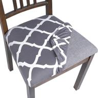 🪑 stretch printed chair seat covers set of 6 - removable washable upholstered chair seat protector cushion slipcovers for dining room chairs, kitchen, office - grey+white logo