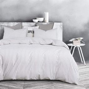 img 3 attached to 🛏️ Wake In Cloud - White Striped Duvet Cover Set: 100% Washed Cotton Bedding with Black Vertical Ticking Stripes Pattern. Queen Size (3pcs) – Zipper Closure Included!