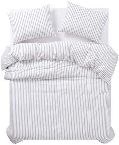 img 2 attached to 🛏️ Wake In Cloud - White Striped Duvet Cover Set: 100% Washed Cotton Bedding with Black Vertical Ticking Stripes Pattern. Queen Size (3pcs) – Zipper Closure Included!