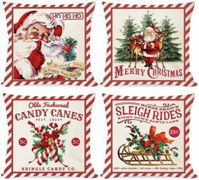img 4 attached to 🎄 PANDICORN Vintage Christmas Pillow Covers 18x18 Set of 4 - Red Retro Santa Trees Candy Cane Design for Rustic Holiday Decorations