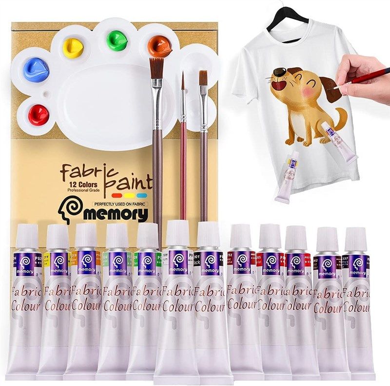 12 24 Colors Fabric Paint Set for Clothes with 6 Brushes, 1 Palette,Permanent  Textile Puffy