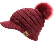 ❄️ mirmaru women's ribbed knit visor brim pom pom beanie hat - soft, warm, and plush lined logo