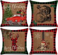 🎄 ulove love yourself 4-pack merry christmas 18x18 inch pillowcases: farmhouse rustic buffalo plaids throw cushion covers with red truck, xmas tree, deer, snowman & santa claus square pillow covers логотип