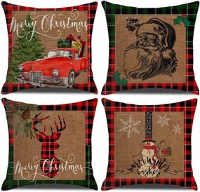 img 4 attached to 🎄 ULOVE LOVE YOURSELF 4-pack Merry Christmas 18x18 Inch Pillowcases: Farmhouse Rustic Buffalo Plaids Throw Cushion Covers with Red Truck, Xmas Tree, Deer, Snowman & Santa Claus Square Pillow Covers