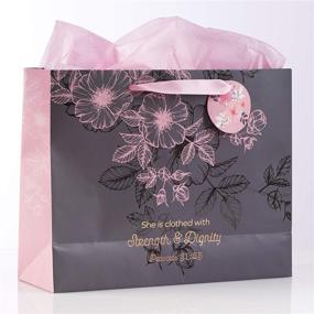 img 2 attached to 🌸 Christian Art Gifts Pink/Grey Floral Gift Bag Set, Proverbs 31 Woman Bible Verse – Strength & Dignity, Large Landscape Gift Bag with Tissue Paper for Women