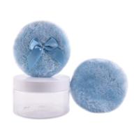 🎀 wxj13 2 pcs 4 inch large blue fluffy powder puff set with transparent storage box - ideal for face & body, comes with ribbon bow handle logo